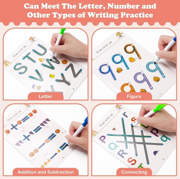 Reusable Magic Practice Copybook Kit | Wipe-Clean Writing Workbook Set for Kids (Ages 3–8) with Magic Pen, Refills & Soft Grip