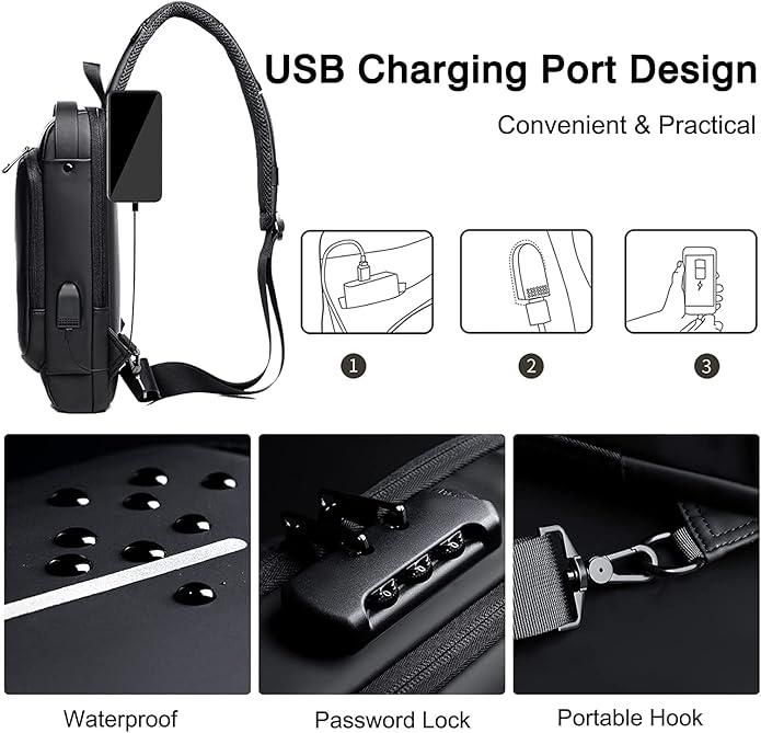 Anti-Theft Sling Bag with USB Charging Port for Men & Women